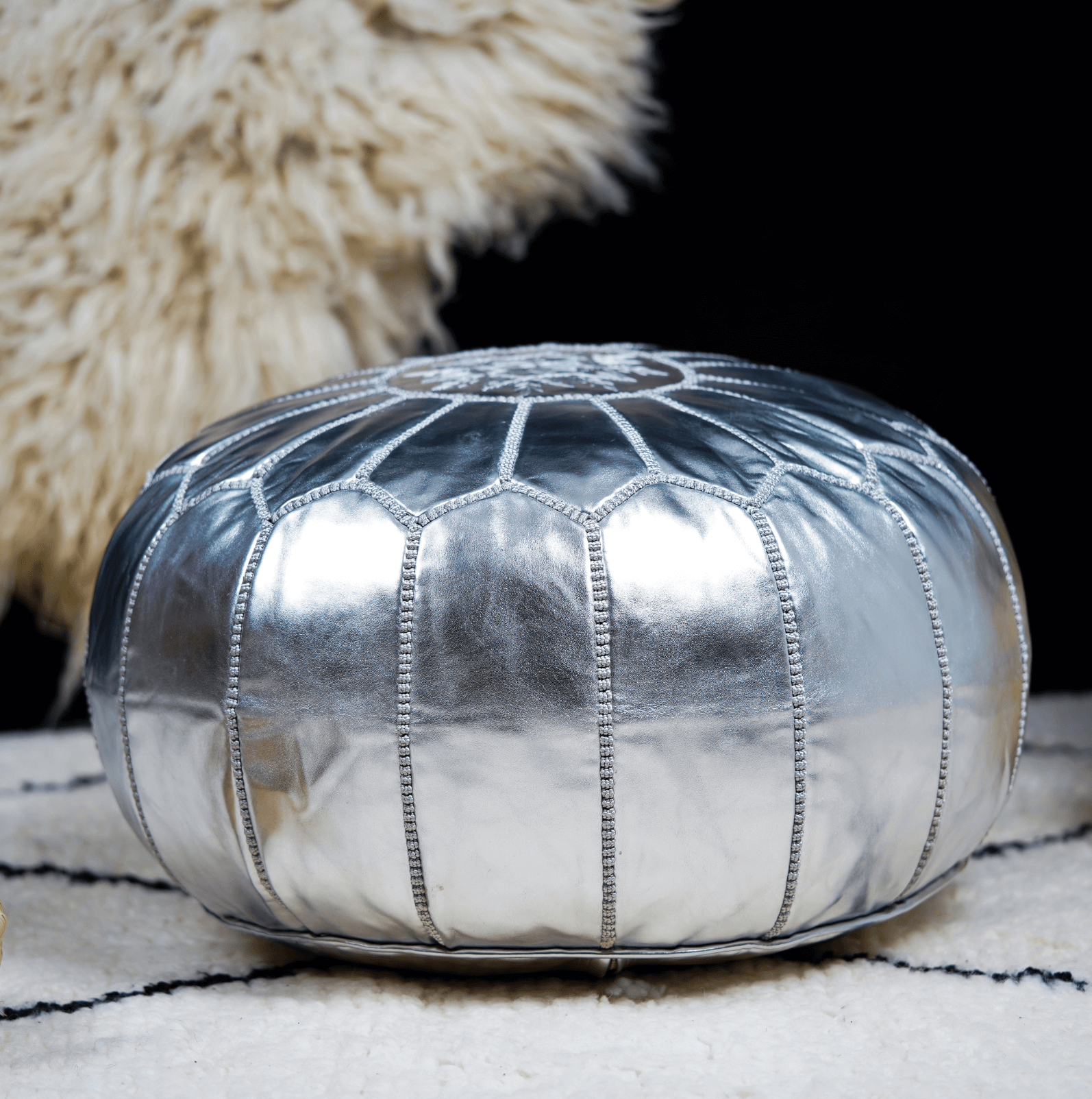 SILVER MOROCCAN LEATHER POUF